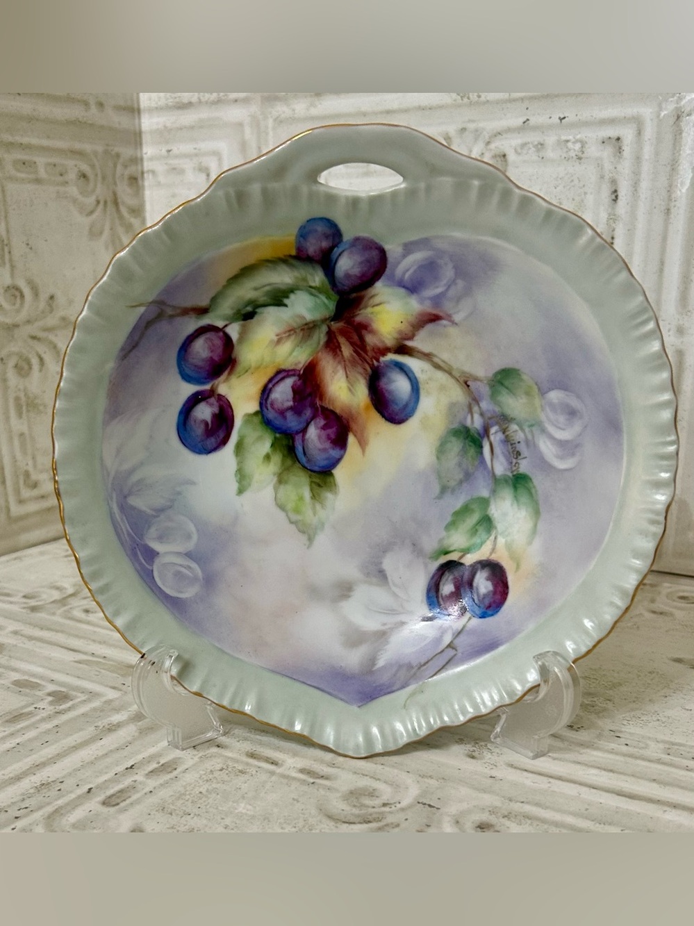 Hand Painted Porcelain Serving Dish Vintage Fruit Motif Gold Rim Scalloped Dish